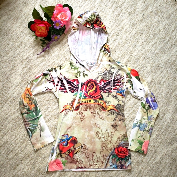 Other - Long sleeve hooded tattoo shirt- Queen Bird